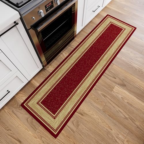 Ottomanson Hallway Runner Rug 1'10" x 7' Non Slip Border Area Rugs Easy to Clean Laundry Rug Runner Durable & Pet Friendly Floor Carpet Runners for Hallways Entryway Living Room Kitchen Bathroom, Red