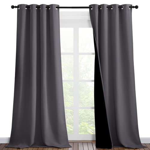 NICETOWN Grey Full Shade Curtain Panels, Pair of Thermal Insulated & Energy Efficiency Blackout Curtains for Living Room Windows, Lined Silky Performance Window Dressing (46" Wide x 90" Long, Gray)