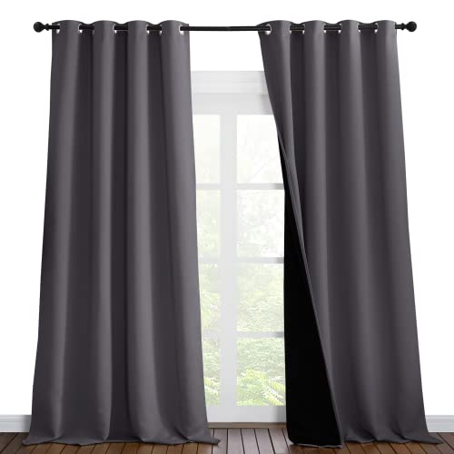 NICETOWN 100% Blackout Blinds, Laundry Room Decor Window Treatment Curtains for Large Patio Sliding Door, Thermal Insulated Grey Curtains for Bedroom, Set of 2, 55 inches x 102 inches