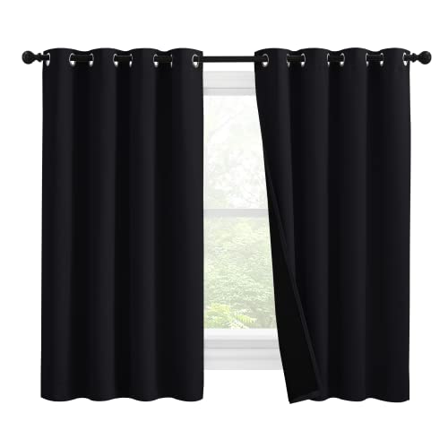 NICETOWN Truly Blackout Curtains 57 inches Length, 2 Thick Layers Completely Blackout Window Treatment Thermal Insulated Lined Drapes for Basement Window (Black, 1 Pair, 55 inches Width Each Panel)