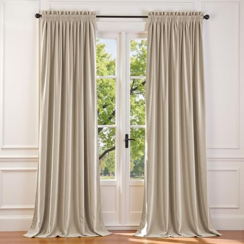 Lazzzy Beige Velvet Curtains 120 Inches Long Thermal Insulated Drapes for Living Room Bedroom Room Darkening Window Treatments Light Reducing Super Soft Luxury Rod Pocket 2 Panels Cream Beige