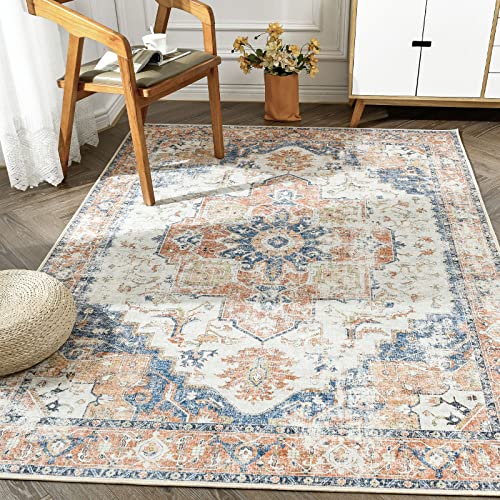 jinchan Area Rug 5x7 Washable Bedroom Rug Vintage Indoor Floor Cover Distressed Lightweight Non-Slip Low Pile Thin Mat Accent Stain Resistant Carpet for Living Room Dining Room Kitchen Office Orange