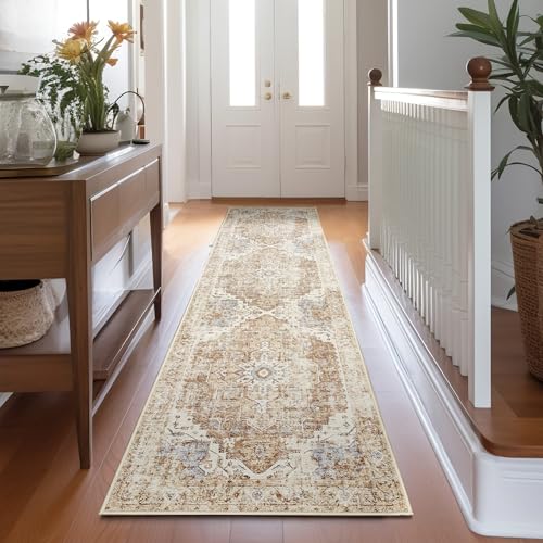 jinchan Runner Rug 2x7 Hallway Rug Kitchen Washable Runner Vintage Mat Retro Lightweight Non-Slip Floor Cover Distressed Thin Carpet for Entryway Bathroom Bedroom Laundry Room Stairway Brick Red