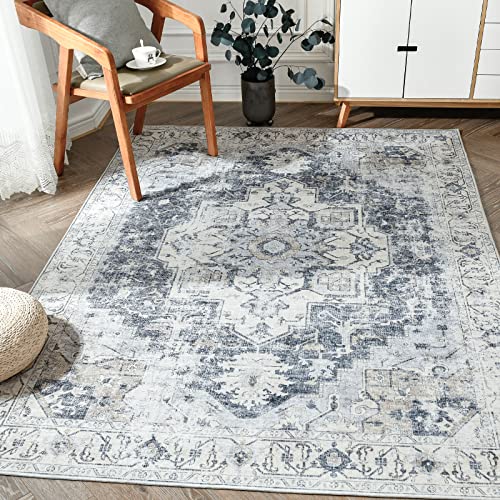 jinchan Area Rug 5x7 Washable Bedroom Rug Vintage Indoor Floor Cover Distressed Lightweight Non-Slip Low Pile Thin Mat Accent Stain Resistant Carpet for Living Room Dining Room Kitchen Office Grey