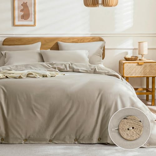 JELLYMONI Cotton Duvet Cover Cal King Size - Linen Gray Comforter Cover with Button 100% Washed Cotton 3PCS Breathable Soft Solid Bedding Set Duvet Cover 10498in & 2 Pillowcases (NO Comforter)