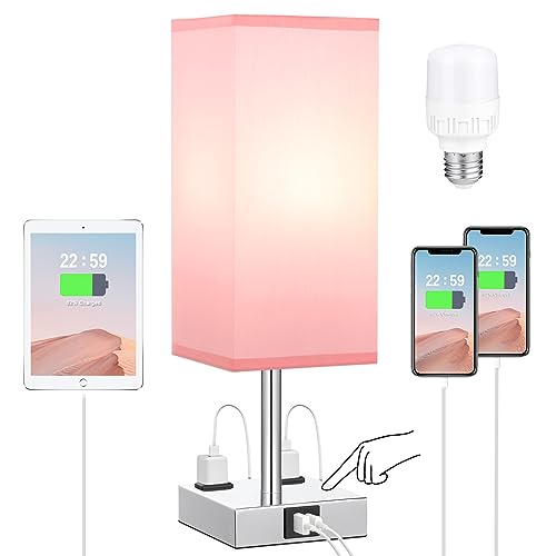 Bedside Lamp with USB Port and Outlet, 3-Way Dimmable Touch Lamp with USB Charging Port for Bedroom, Small Pink Table Lamp with Charger for Nightstand Living Room Office Desk (LED Bulb Included)