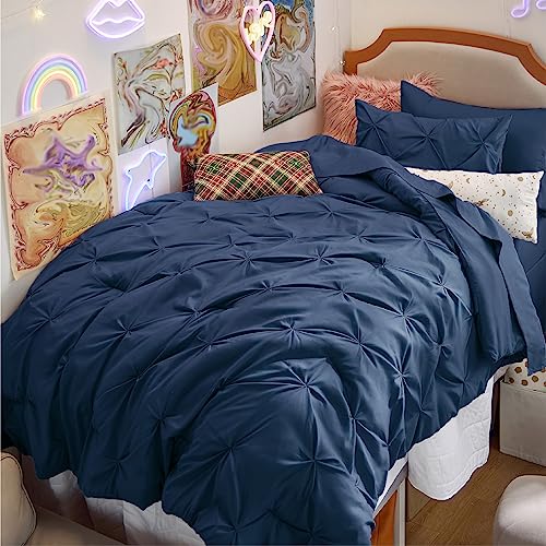 Bedsure Twin XL Comforter Set - Extra Long 5 Pieces Dorm Bedding Sets, GentleSoftTM Pinch Pleat Navy Blue Bed in a Bag with Pintuck Comforter, Sheets, Pillowcase & Sham