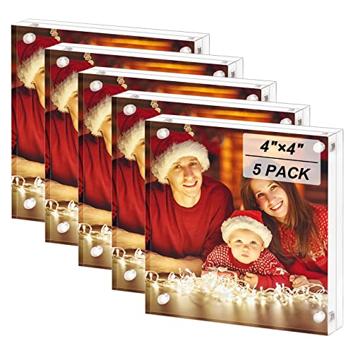 Boxalls 4x4 Inches Acrylic Picture Frames - 5 Pack, Clear Frameless 4x4 Photo Frames with Magnetic, Double Sided Transparent Desktop Frame (5 Pack)