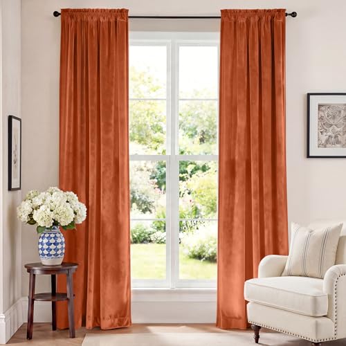 Lazzzy Blackout Velvet Curtains Thermal Insulated Living Room Curtains 2 Panel Sets 84 Inch Long Window Treatments Drapes Pumpkin