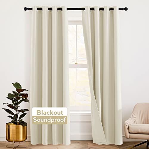 RYB HOME Soundproof Curtains for Bedroom - Totally Room Darkening 3 Layers Blackout Window Drapes Detachable Felt Liner Inside Noise & Draft Barrier for Living Room, W 52 x L 95, Beige, 1 Pair