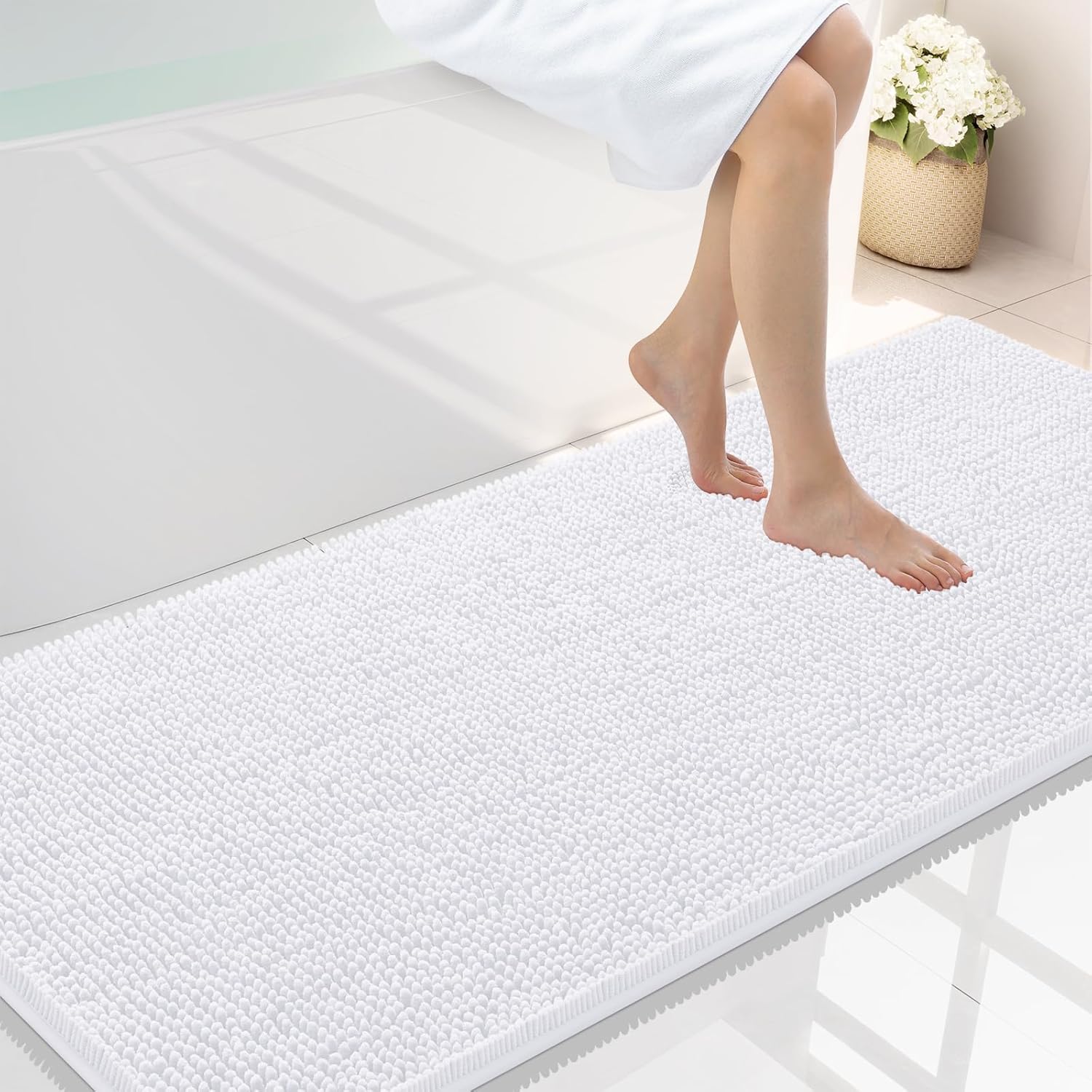 Smiry Luxury Chenille Bathroom Rugs 59x24, Extra Soft and Absorbent Shaggy Bath Mat, Machine Washable, Non-Slip Plush Carpet Runner for Tub, Shower, and Floor, Home Decor Accessories, White