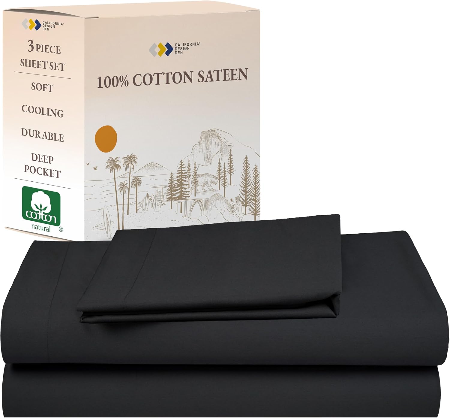California Design Den Twin Sheets Set - Natural 100% Cotton Sheets with Deep Pockets, Soft Sateen, Breathable, Cooling and Durable Bedding Set for Dorm Rooms, College Dark Grey (Almost Black)