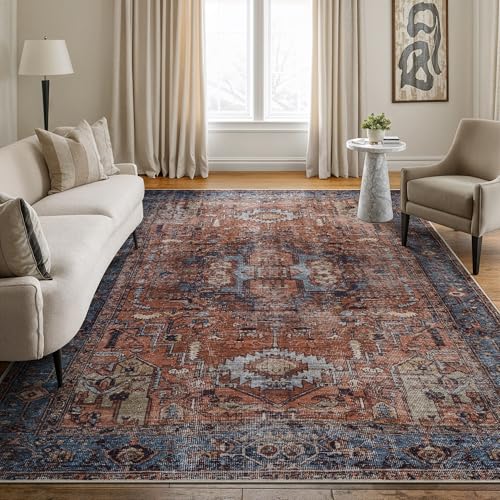 Bloom Rugs Washable 8' x 10' Rug - Terracotta/Blue Traditional Area Rug for Living Room, Bedroom, Dining Room, and Kitchen - Exact Size: 8' x 10'