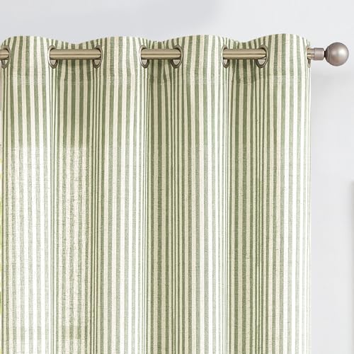 Vangao Linen Stripe Green Curtains for Bedroom Tickingstripe Light Filtering Farmhouse Window Curtains Sage Pinstripe Printed Drapes 96 Inches Long for Living Room Dorm Cottagecore 2 Panels