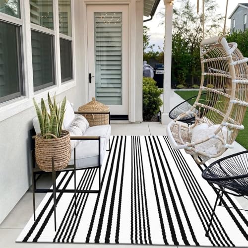 Black and White Indoor Outdoor Rug, 5x8 Cotton Striped Reversible Washable Modern Farmhouse Rug, Hand-Woven Large Patios Area Rug Carpet Mat for Clearance Bedroom Living Room Balcony Decor