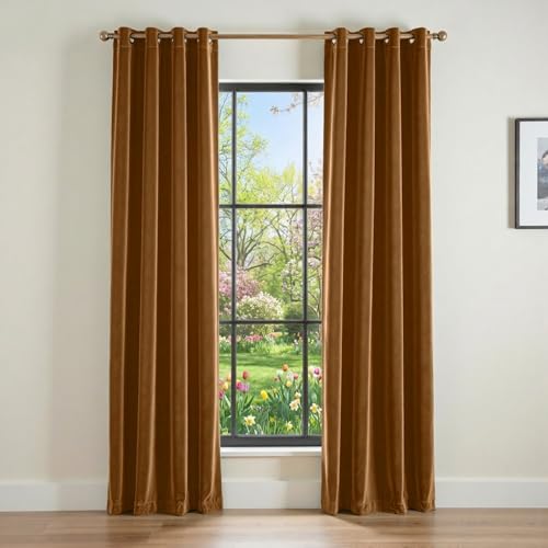 Lazzzy Blackout Velvet Gold Thermal Insulated Curtains 90 Inch Long Drapes for Bedroom Window Treatments Grommet Living Room Drapes Set of 2 Panels Gold Brown