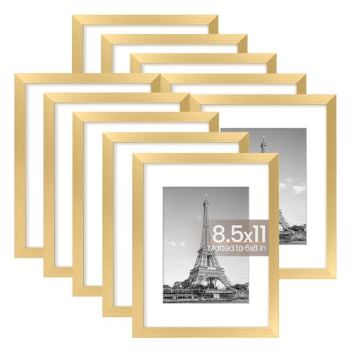 upsimples 8.5x11 Picture Frame Set of 10, Display Pictures 6x8 with Mat or 8.5x11 Without, Multi Photo Frames Collage for Wall or Tabletop Display, Gold