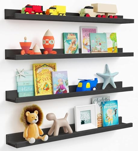 Forbena Black Photo Picture Ledge Shelf Set of 4, 36 Inch Floating Shelves with Lip for Wall, Narrow Wood Wall Shelf for Living Room Bedroom Office Album Frames Classroom Library, Conn 2 as 72 In Long