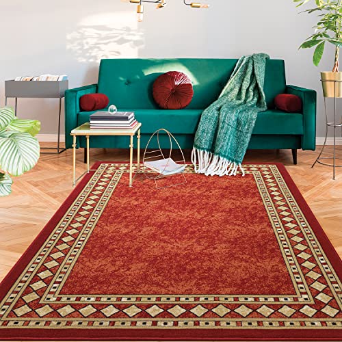 Antep Rugs Alfombras Modern Bordered 5x7 Non-Skid (Non-Slip) Low Profile Pile Rubber Backing Indoor Area Rugs (Maroon Beige, 5' x 7')
