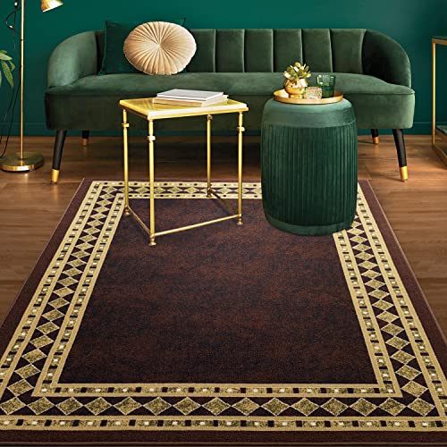 Antep Rugs Alfombras Modern Bordered 5x7 Non-Skid (Non-Slip) Low Profile Pile Rubber Backing Indoor Area Rugs (Brown Beige, 5' x 7')