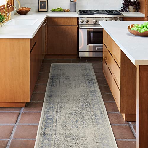 RUGGABLE Washable Vintage Runner Rug Kamran Blue Quartz 2.5x7, Stain-Resistant, Non-Slip Hallway Runner Machine Washable Rug for Hallway, Entryway, Living Room & Kitchenwith Standard Pad