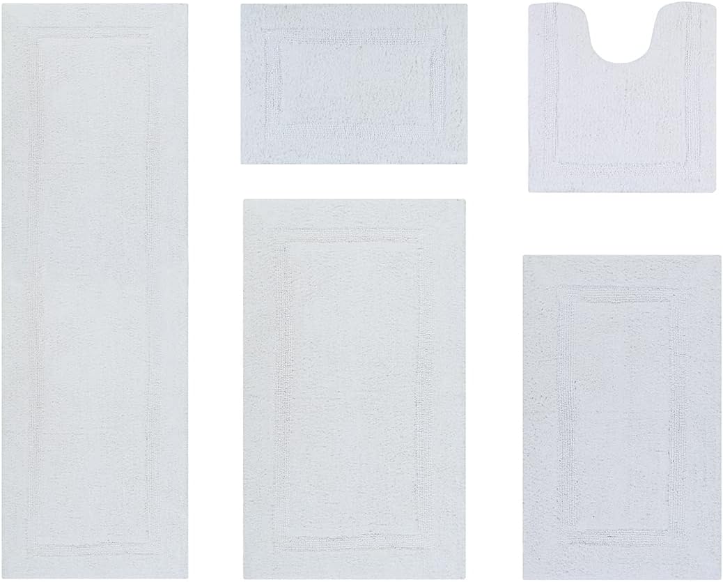 Better Trends Luxury 5 Piece Bathroom Rugs Set 100% Cotton Bath Rug Soft, Water Absorbent, Reversible, Machine Washable for Bathroom Decor Toilet Base Contour, Runner Mat White Lux Collection