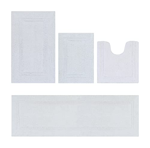 Better Trends 4 Piece Bathroom Rug Set White Rectangle, Contour, Runner Bathmat Reversible Soft, Cotton Bathroom Rugs Absorbent Machine Washable for Bathroom Floor Decor, Bathtub Toilet Base