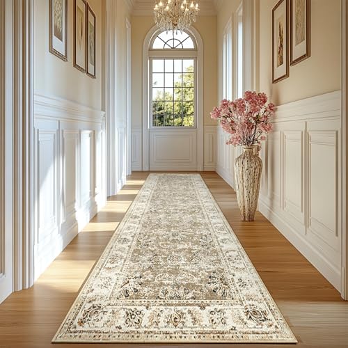 jinchan Hallway Runner Rug 2x10 Machine Washable Runner Rug Taupe Vintage Floral Design Non-Slip Ultra-Thin for Kitchen Laundry Room Bedroom Farmhouse (2x10',Taupe)