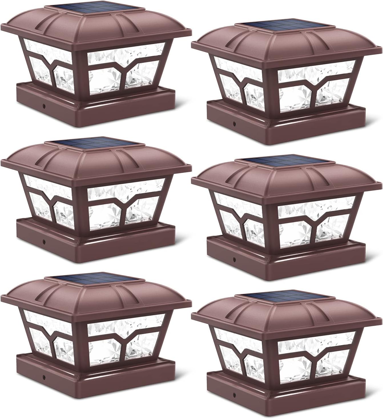 SIEDiNLAR Solar Post Cap Lights Outdoor 2 Color Modes 8 LEDs for 4x4 5x5 6x6 Posts Fence Deck Patio Decoration Warm White & Cool White Lighting Brown (6 Pack)