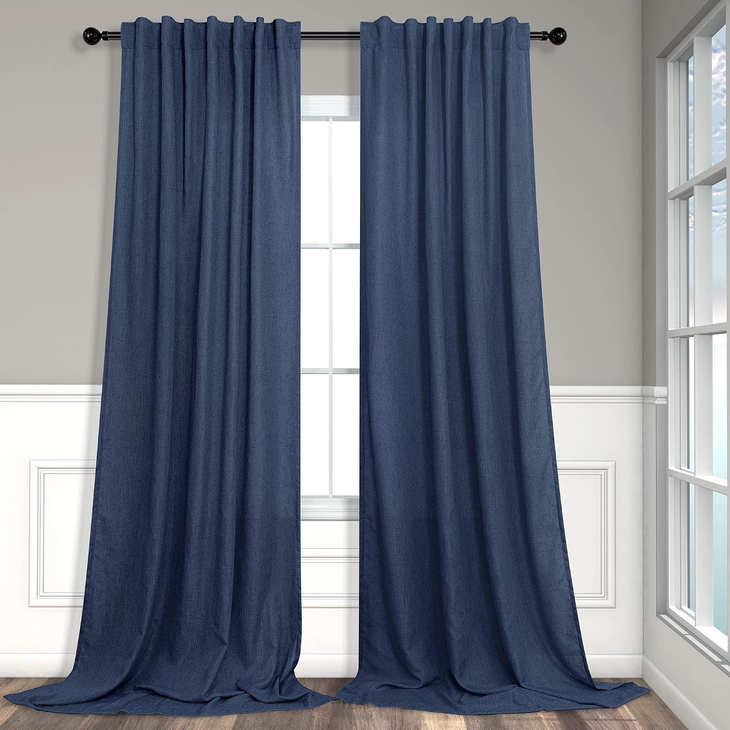 Navy Curtains 108 Inches Long for Living Room 2 Panels Set Back Tab Pocket Light Reducing Semi Transparent Soft Linen Airy Flowy Dark Blue Sheer Curtain for Dining Room Large Windows Sliding 9 FT Tall