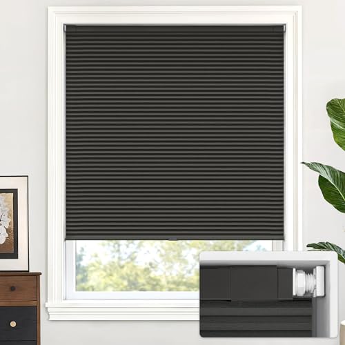 LazBlinds Cordless Cellular Shades, No Tools No Drill Blackout Honeycomb Shades Pleated Blinds for Windows, 33 1/2" W x 64" H, Midnight Black