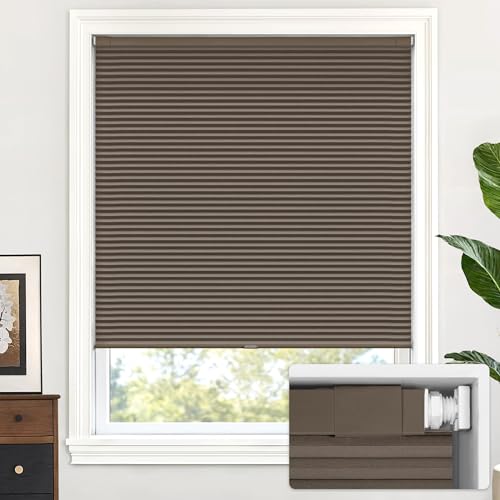 LazBlinds Cordless Cellular Shades, No Tools No Drill Blackout Honeycomb Shades Pleated Blinds for Windows, 34 1/2" W x 64" H, Dark Coffee
