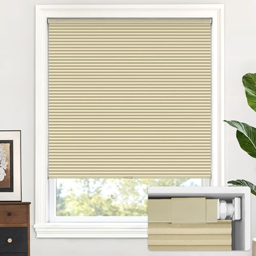 LazBlinds Cordless Cellular Shades, No Tools No Drill Blackout Honeycomb Shades Pleated Blinds for Windows, 33 1/2" W x 64" H, Soft Cream