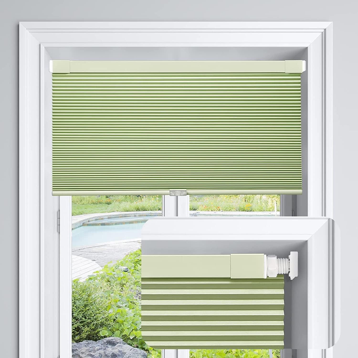 LazBlinds Cordless Cellular Shades, No Tools No Drill Blackout Honeycomb Shades Pleated Blinds for Windows, 34 1/2" W x 64" H, Green