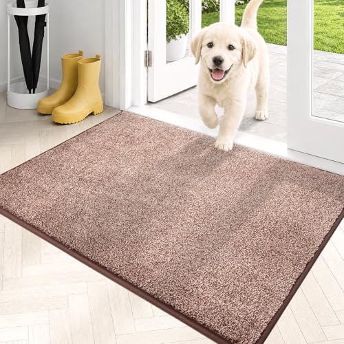PURRUGS Dirt Trapping Door Mat 24" x 35.5", Non-Slip Machine Washable Entry Rug, Shoe Scraper, Dog Doormat, Super Absorbent Welcome Mat for Front & Back Door, Muddy Shoes & Paws, Brown-Light Cream
