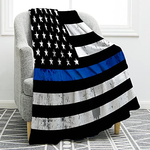 Jekeno Blue Line Police Blanket United States Police Flag Print Gifts for Men Boy Dad Husband Son Adult Home Bedroom Living Room Decor Soft Cozy Lightweight Plush Throw Blankets 60"x80"