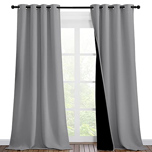 NICETOWN Total Shade Curtains and Draperies, Heavy-Duty Full Light Shading Drapes with Black Liner Backing for Villa/Hall/Dorm Window(Silver Grey, Package of 2 Panels, 46 inches Wide x 90 inches Long