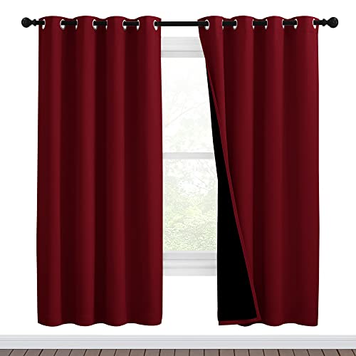 NICETOWN Living Room Completely Shaded Draperies, Privacy Protection & Noise Reducing Ring Top Drapes, Black Lined Insulated Window Treatment Curtain Panels(Burgundy Red, 2 Pieces, W46 x L72)