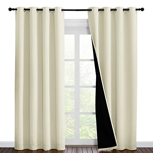 NICETOWN Living Room Completely Shaded Draperies, Privacy Protection & Noise Reducing Ring Top Drapes, Black Lined Insulated Window Treatment Curtain Panels (Beige, 2 Pieces, W55 x L86)