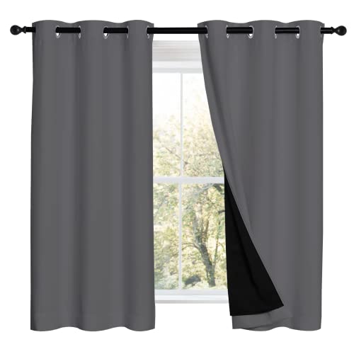 NICETOWN Grey 100% Blackout Curtains 2 Panels with Black Liners, Thermal Insulated Full Blackout 2-Layer Lined Drapes, Noise Cancellation Window Draperies for Dining Room (42-inch W by 54-inch L)