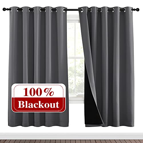 NICETOWN Grey Full Shade Curtain Panels, Pair of Energy Smart & Noise Blocking Out Blackout Drapes for Dining Room Window, Thermal Insulated Guest Room Lined Window Dressing(Gray, 70 x 72 inch)