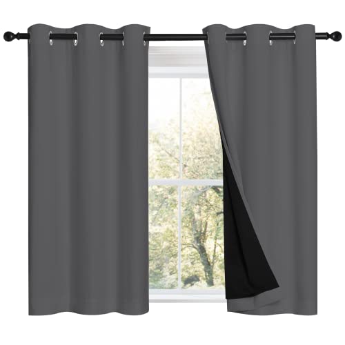 NICETOWN Grey 100% Blackout Room Warming Curtains 45 inches Long, Thermal Insulated Full Blackout 2-Layer Lined Curtains, Energy Efficiency Window Draperies for Dining Room (2 Panels, 42-inch W)