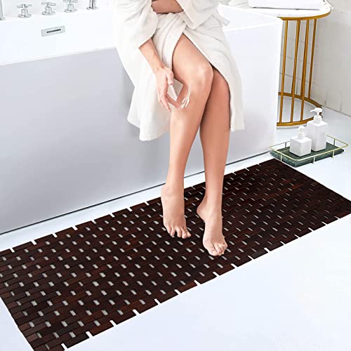Bamboo Bath Mat Bathroom Runner Long Large Rugs Floor Wood Shower Bathtub Waterproof Non Slip Accessories 16x48 Inch Easy to Clean, Brown, 1 pc