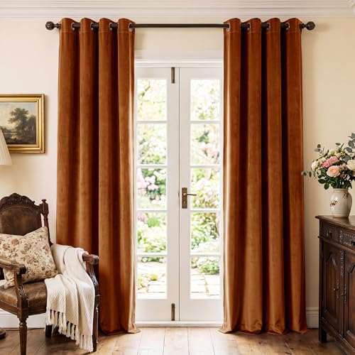 StangH Burnt Orange Velvet Curtains - 96 inches Long Light Blocking Thermal Insulated Sliding Door Drapes for Living Room, Holiday Backdrop Curtains, W52 x L96, 2 Panels