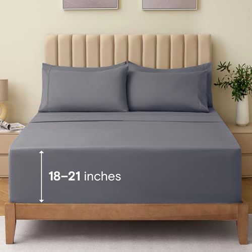 LuxClub 4 PC Full Size Sheet Set Bed Sheets Deep Pockets Wrinkle Free Cooling Bed Sheets Machine Washable Hotel Bedding Silky Soft - Light Grey Full