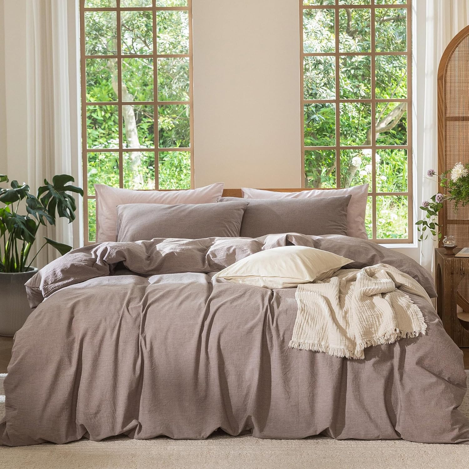 MooMee Bedding Duvet Cover Set 100% Washed Cotton Linen Like Textured Breathable Durable Soft Comfy (Heathered Mauve Brown, Twin 68"x90")