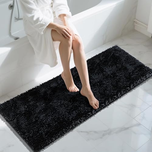 Yimobra Long Bathroom Rugs Runner 60x24 Inch, Extra Thick Soft Absorbent Chenille Bath Mat, Non Slip Machine Washable, Quick Dry Bath Rugs for Bathroom Floor, Tub and Shower, Black