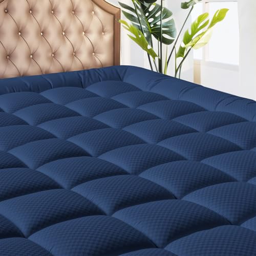 MATBEBY Full Size Mattress Pad - Cooling Breathable Mattress Topper, Quilted Fitted Mattress Protector, Pillow Top Mattress Cover with 8-21" Deep Pocket, Machine Washable, Navy Blue, 54x75 Inches