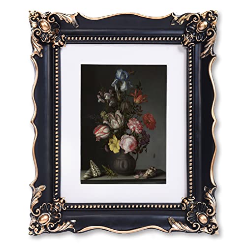 8x10 Vintage Picture Frame with Embossed Flower Design, Black Ornate Frame for 8x10 or 5x7 Pictures with White Mat, Hand-Crafted Resin Antique Frames for Tabletop & Wall Hanging, Home Decor (Black)