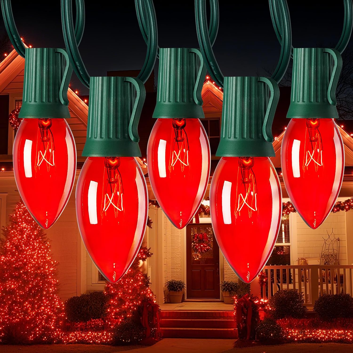 C9 Christmas String Light Red, 50ft Vintage Christmas Tree Lights, Outdoor Roofline String Lights with 50+2 Red Bulbs for Patio Garden Holiday Indoor Home Xmas Decoration, Green Wire